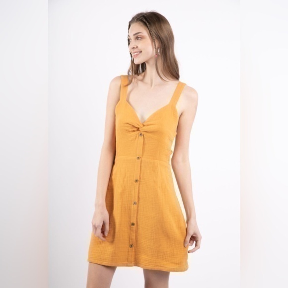 kLd gauze button up tie back mustard dress size Large NWT